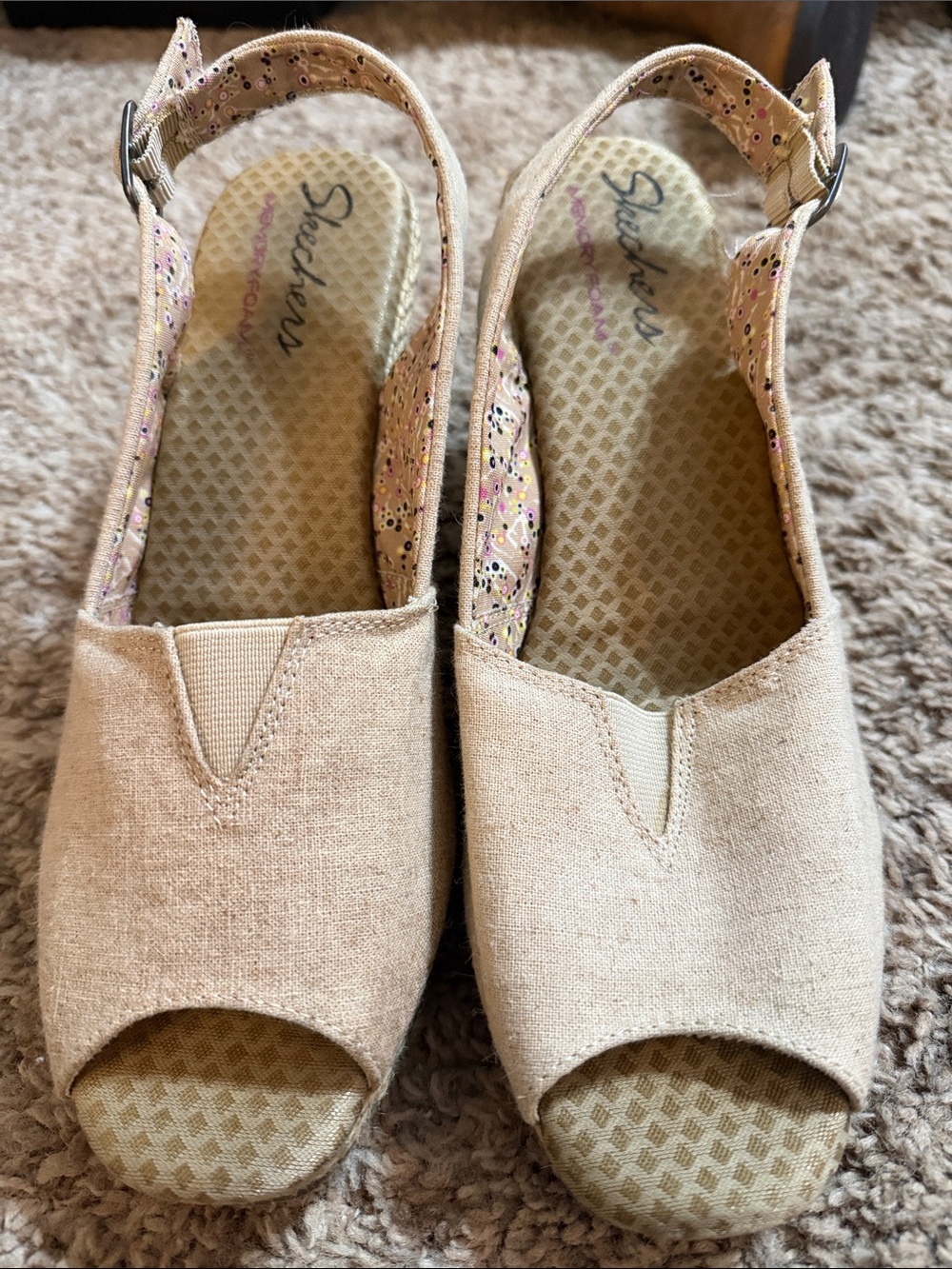 Skechers Beige Peep Toe Slingback Wedge Sandals